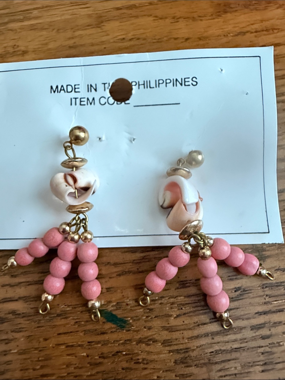 Handmade Pink Bead Dangle Earrings - Shell Accent